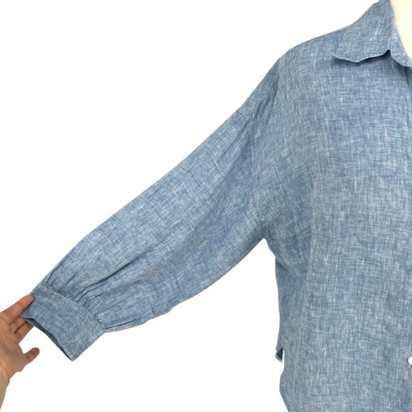 Madewell Shirred Button-Up Shirt In Linen-Cotton Blue Size Large NWT - Picture 4 of 13